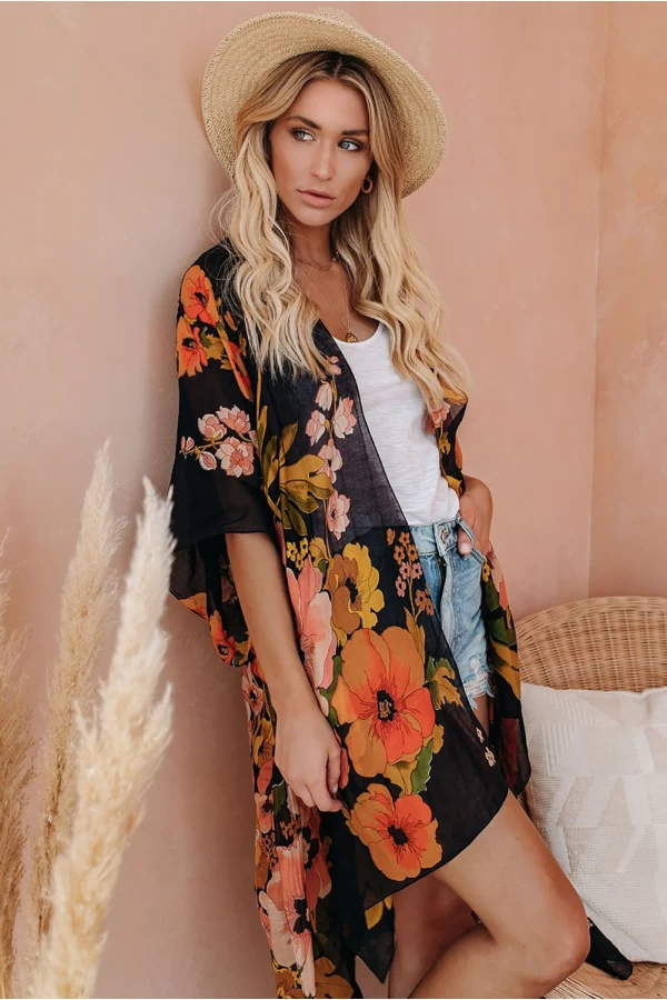 Black Kimono Sleeve Orange Floral Printed Open Front Cover Up Dress